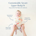 Load image into Gallery viewer, Baby being swaddled in a floral pattern with text describing the product's features.