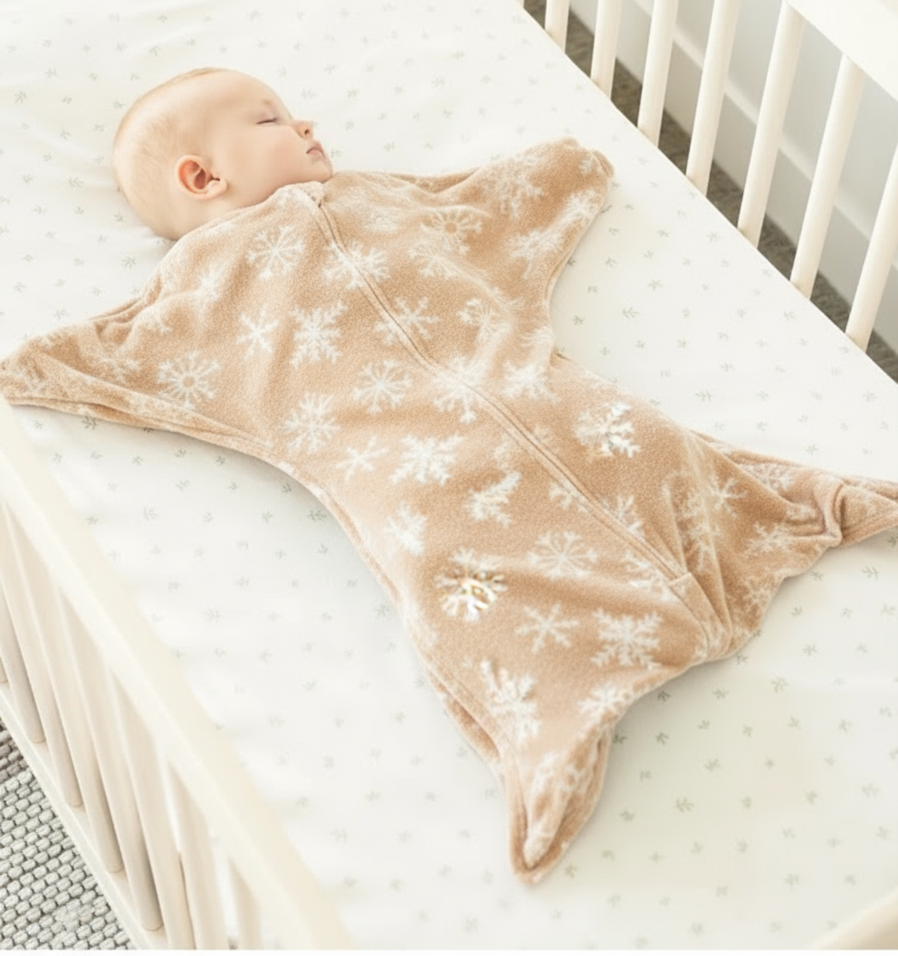 Baby in beige Snowflakes fleece Zipadee-Zip in crib