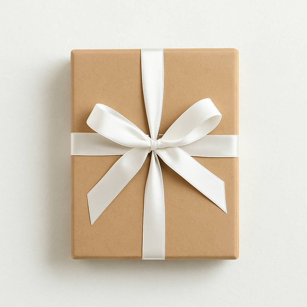 Beautifully wrapped gift box in brown kraft paper with a white satin ribbon bow, styled on a soft neutral background for a warm, minimalist look.