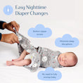 Load image into Gallery viewer, Baby in a sleeping bag with text on diaper changes and benefits
