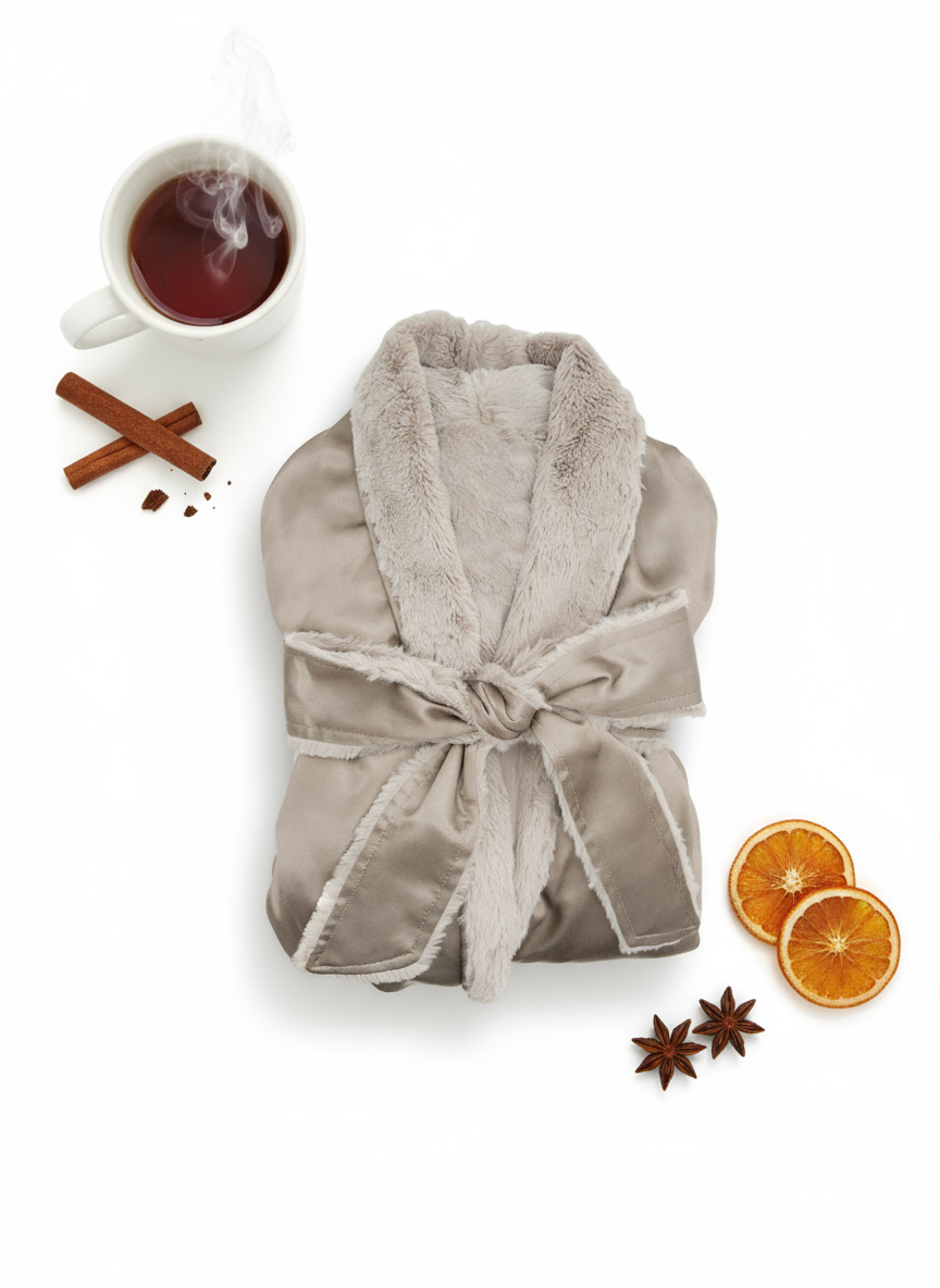 Beige robe with a cup of tea, cinnamon sticks, and orange slices on a white background