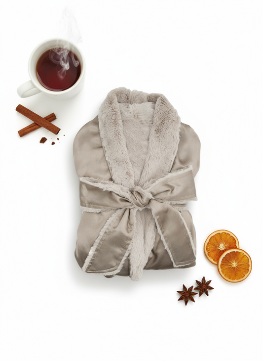 Beige robe with a cup of tea, cinnamon sticks, and orange slices on a white background